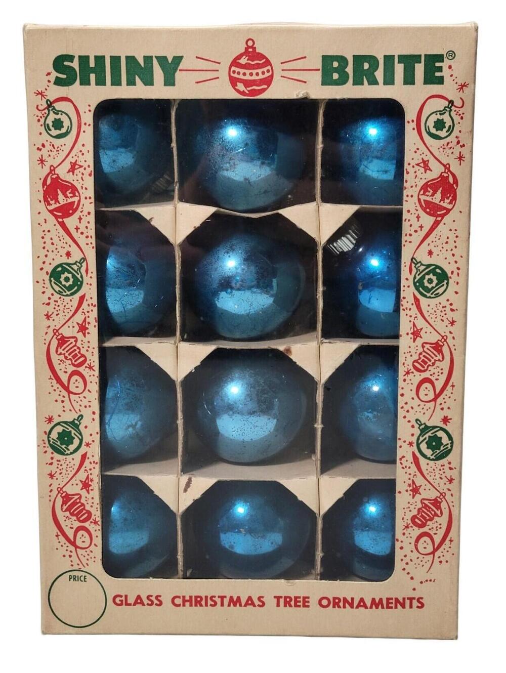 Vtg MCM Shiny Brite Feather Tree Xmas 12 Blue Ball Glass Ornaments w Box